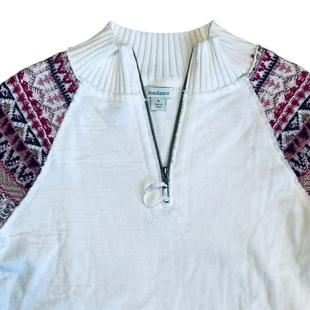 Sundance Women’s Sz S White Quarter Zip Sweater Fair Isle Sleeve Knit Cotton
